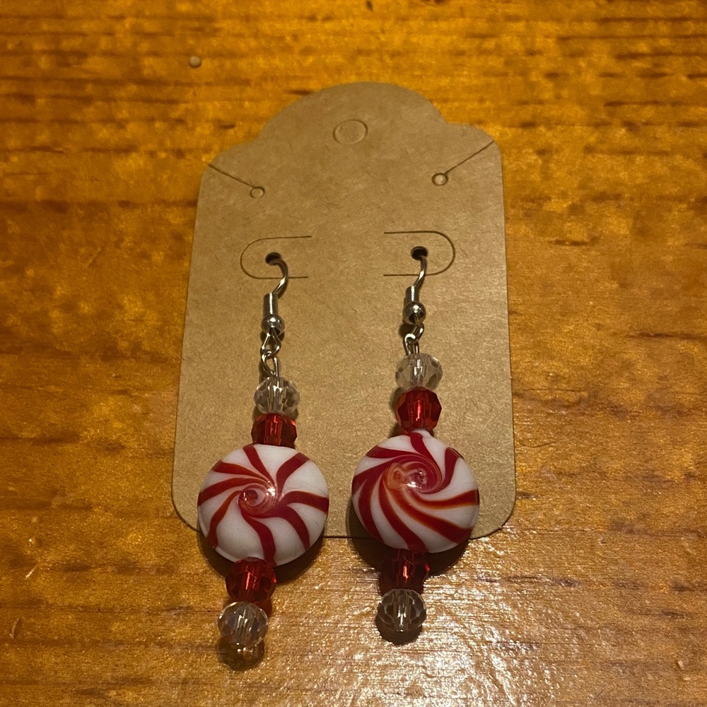Candy Swirl Red and White Peppermint Earrings